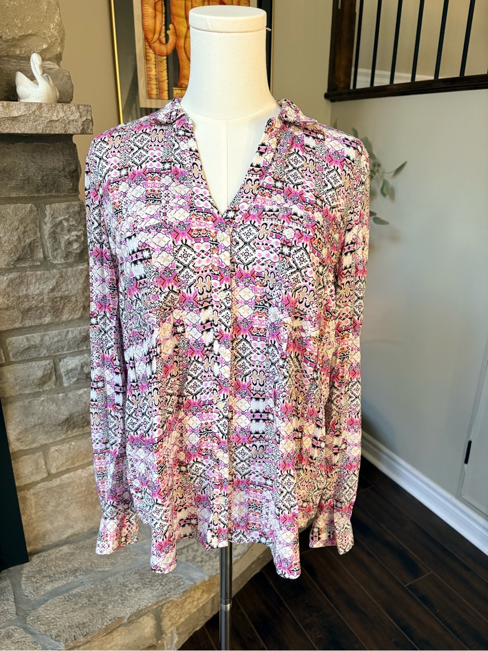 Maeve Pink Paisley Boho Button Front Tunic Blouse Small